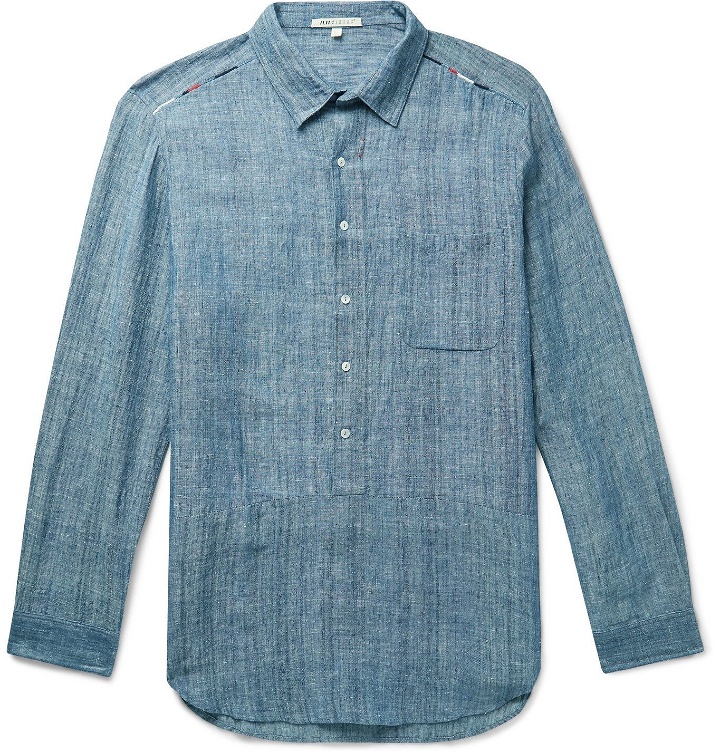 Photo: 11.11/eleven eleven - Indigo-Dyed Embroidered Linen and Cotton-Blend Chambray Half-Placket Shirt - Blue