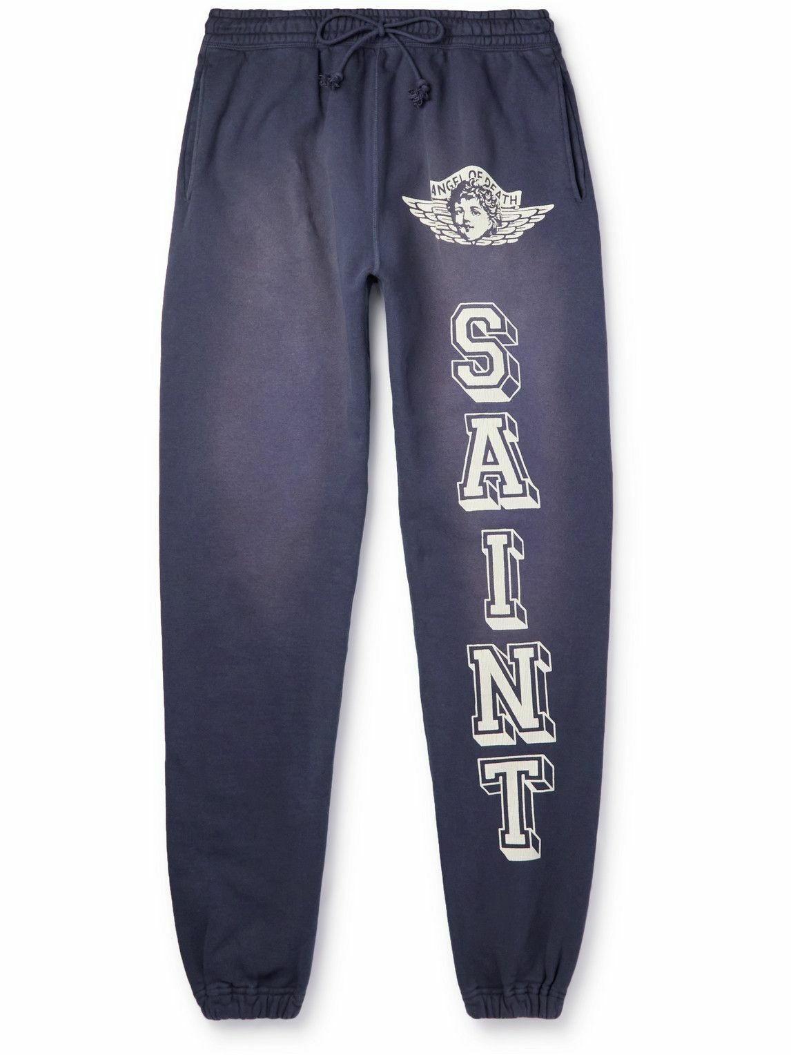 Photo: SAINT Mxxxxxx - Collegiate Tapered Logo-Print Cotton-Jersey Sweatpants - Blue