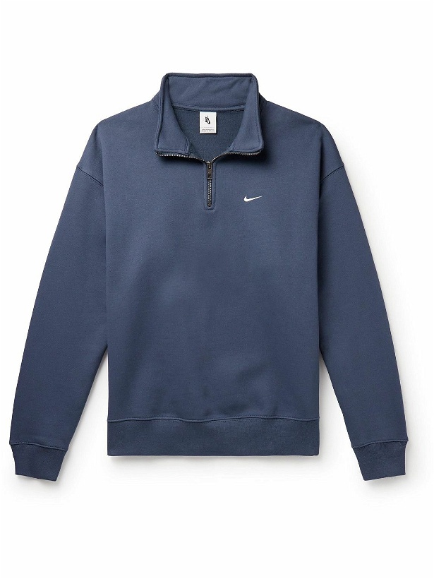 Photo: Nike - Solo Swoosh Logo-Embroidered Cotton-Blend Jersey Half-Zip Sweatshirt - Blue