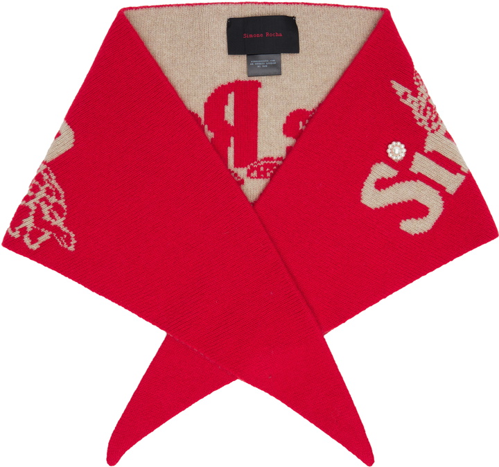 Photo: Simone Rocha Red & Beige Graphic Logo Knit Neckerchief Scarf