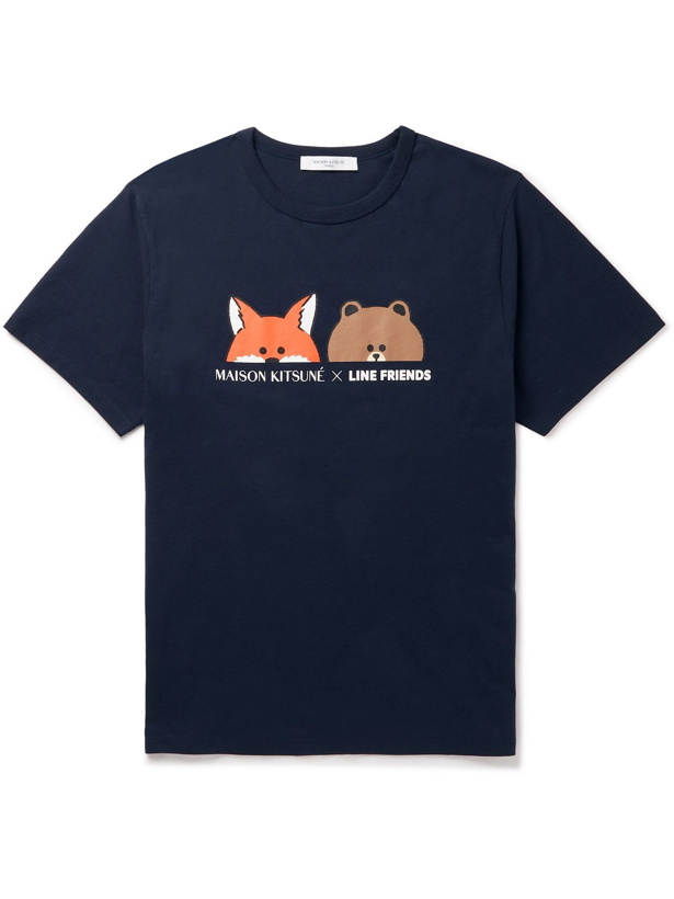 Photo: Maison Kitsuné - LINE FRIENDS Logo-Print Cotton-Jersey T-shirt - Blue