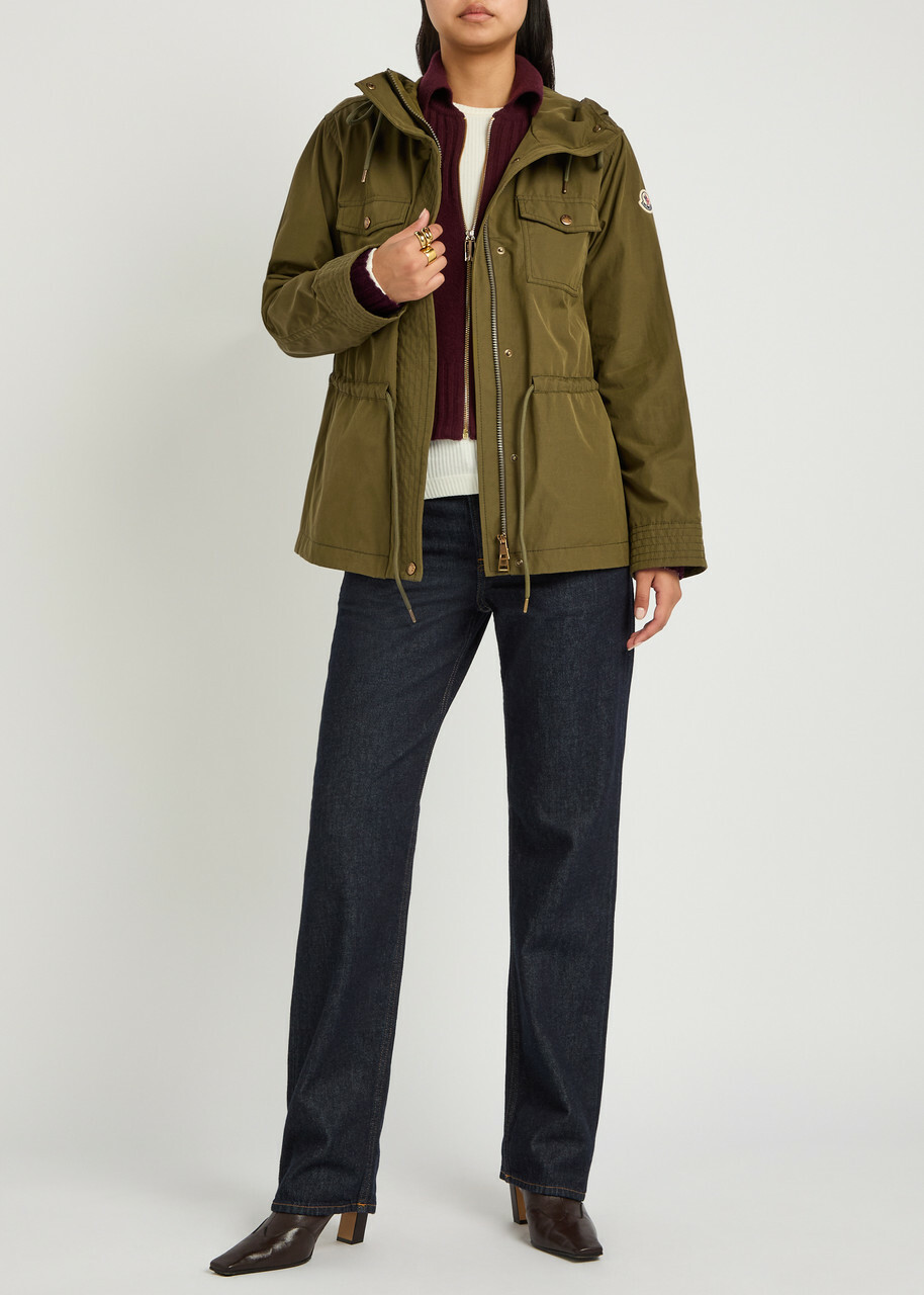 Moncler Serin Hooded Drawstring Waxed Poplin Parka Jacket Olive