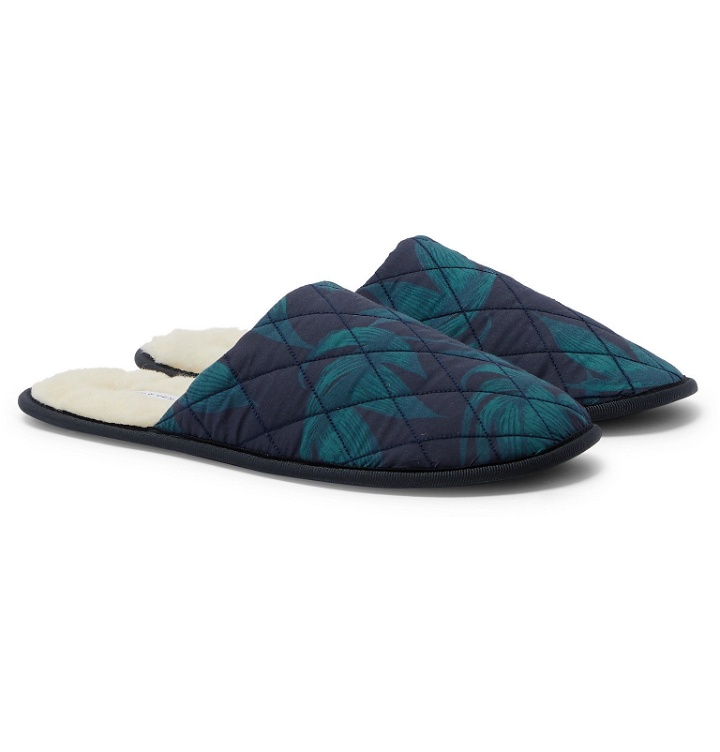Photo: Desmond & Dempsey - Byron Faux Shearling-Lined Printed Cotton Slippers - Green
