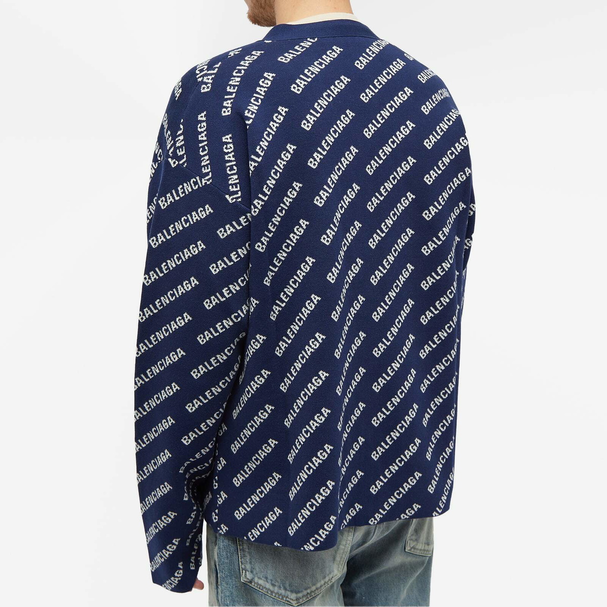 Balenciaga Men's All Over Logo Cardigan in Navy/White Balenciaga