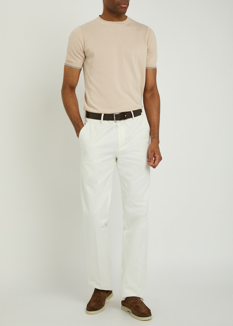 Tods Striped Detail Knit Cotton T-shirt Off White