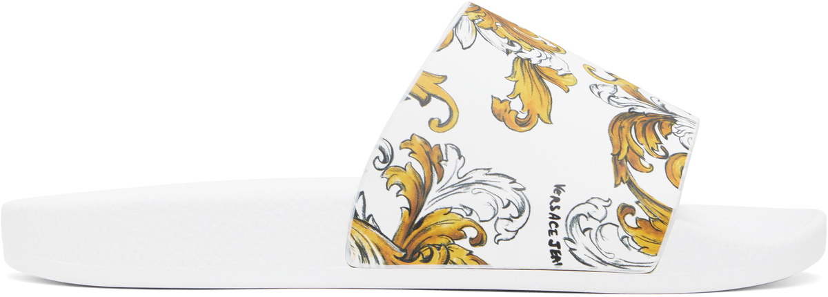 Versace Jeans Couture White & Gold Outline Barocco Pool Slides