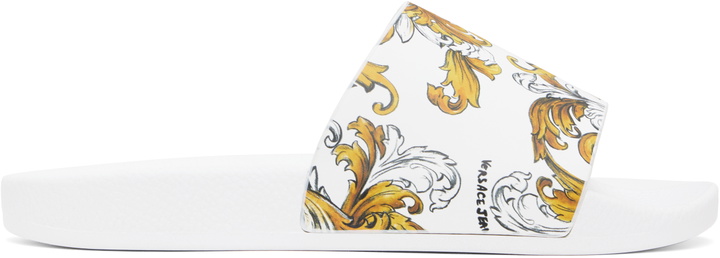 Photo: Versace Jeans Couture White & Gold Outline Barocco Pool Slides