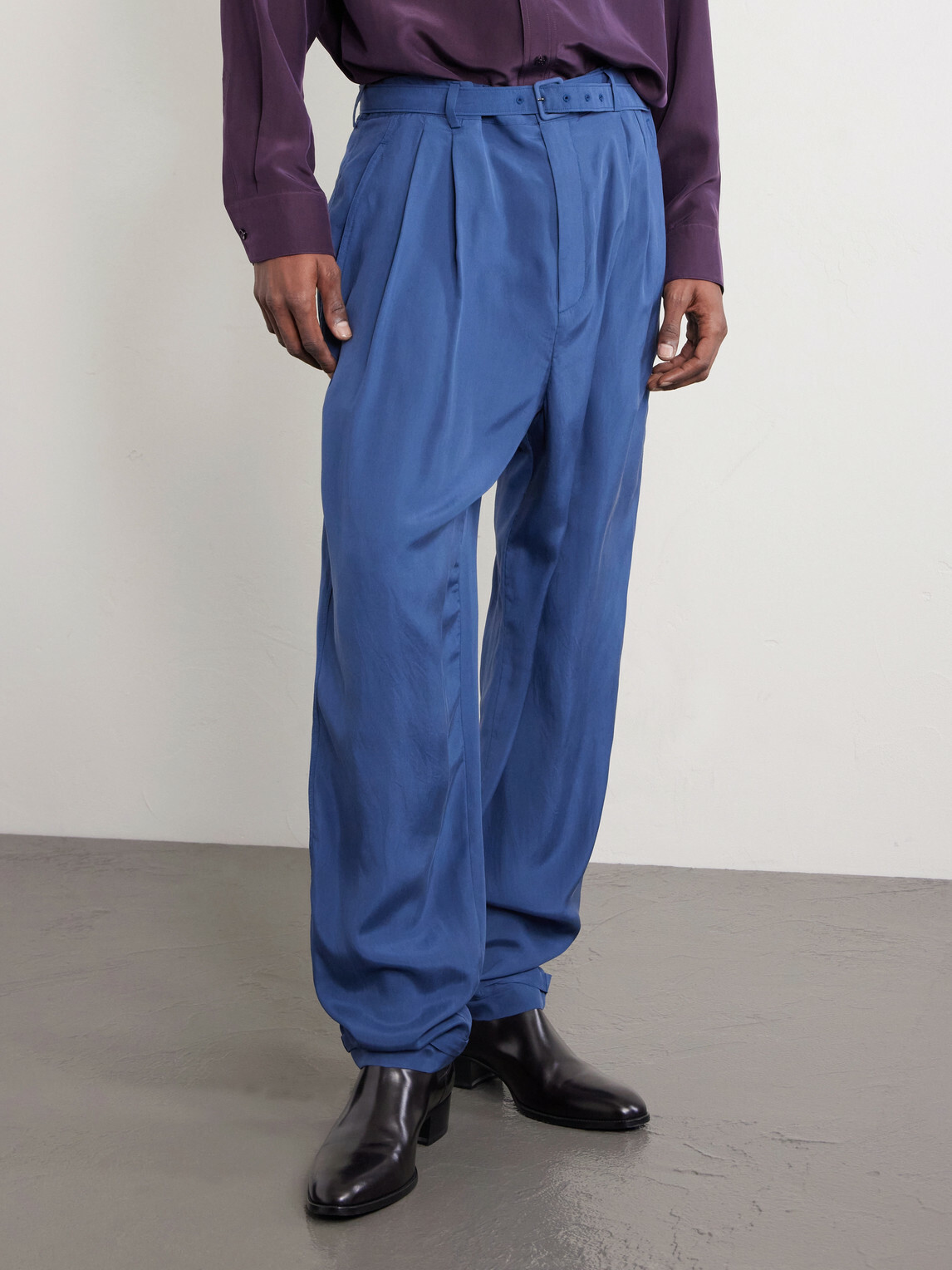 SAINT LAURENT - Tapered Belted Pleated Silk Trousers - Blue