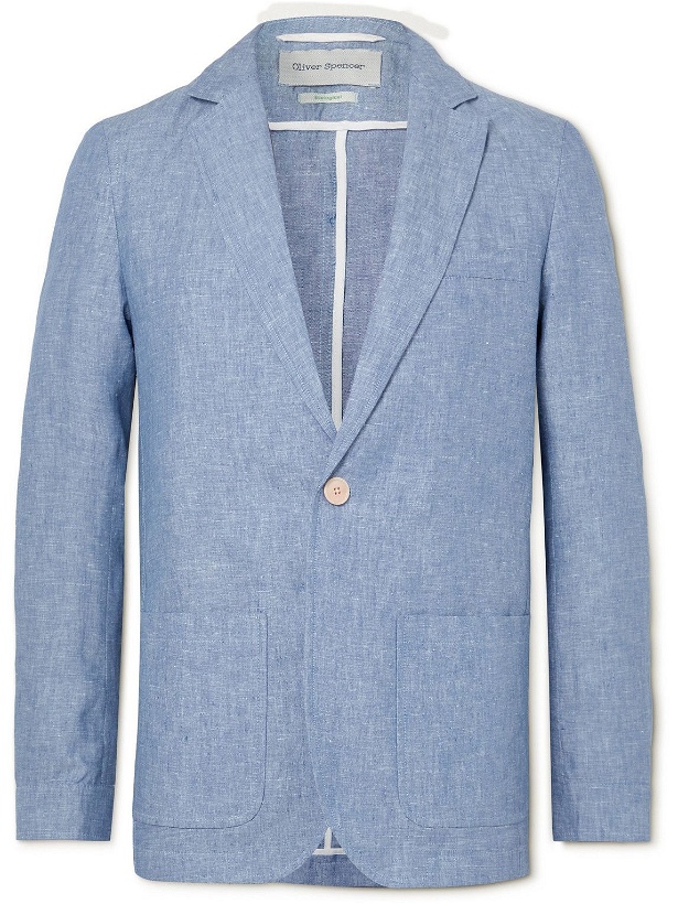 Photo: Oliver Spencer - Fairway Slim-Fit Unstructured Linen Suit Jacket - Blue