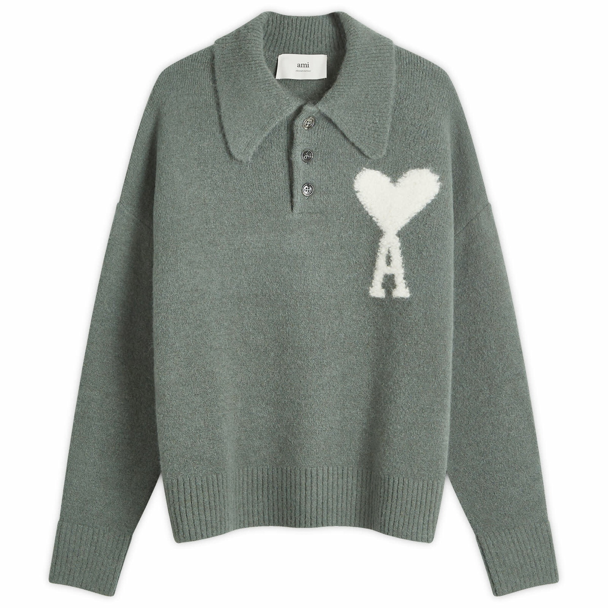 AMI Paris Men's Large A Heart Knitted Polo in Antique Clay