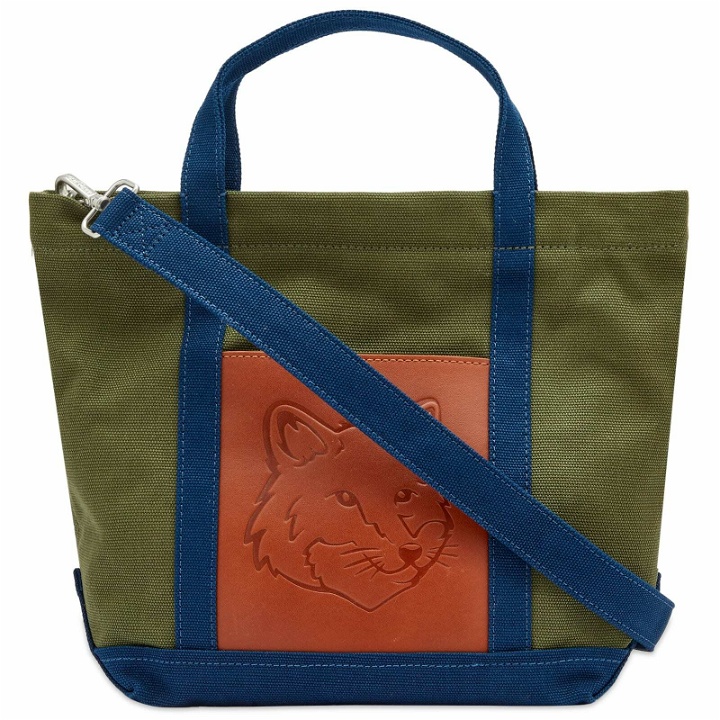 Photo: Maison Kitsuné Men's Fox Head Leather Pocket Mini Tote Bag in Military Green/Ink Blue