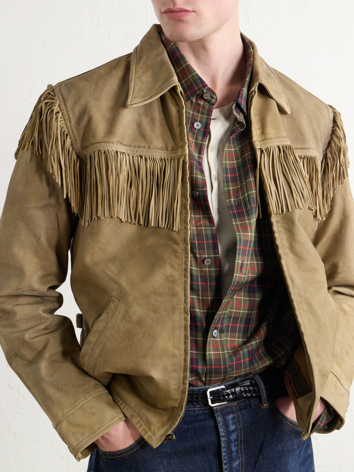 RRL - Elkhorn Fringed Suede-Trimmed Leather Jacket - Green