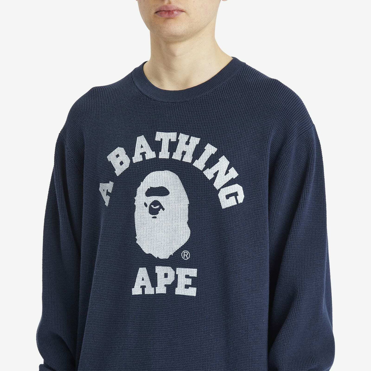 A Bathing Ape Men's College Waffle Crewneck Sweater in Navy