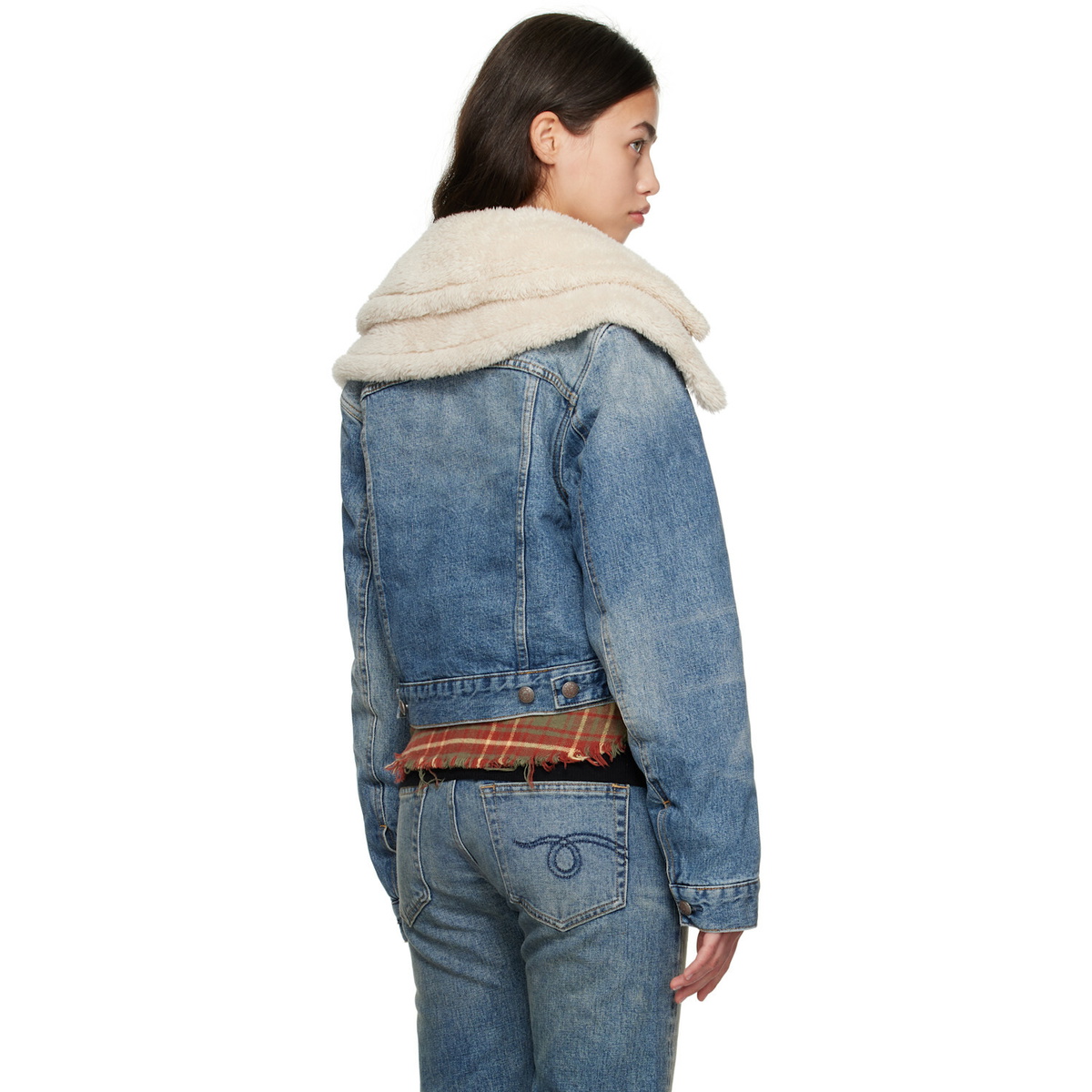 R13 Blue Double Collar Sherpa Denim Trucker Jacket