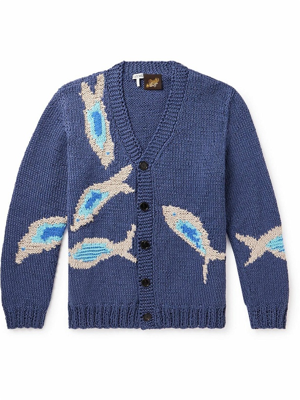 Photo: Loewe - Paula's Ibiza Intarsia-Knit Linen, Cotton and Wool-Blend Cardigan - Blue