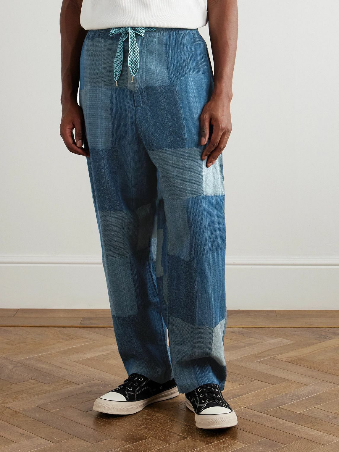KAPITAL - Tugihagi Easy Straight-Leg Patchwork Cotton Drawstring Trousers - Blue