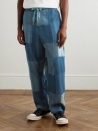 KAPITAL - Tugihagi Easy Straight-Leg Patchwork Cotton Drawstring Trousers - Blue