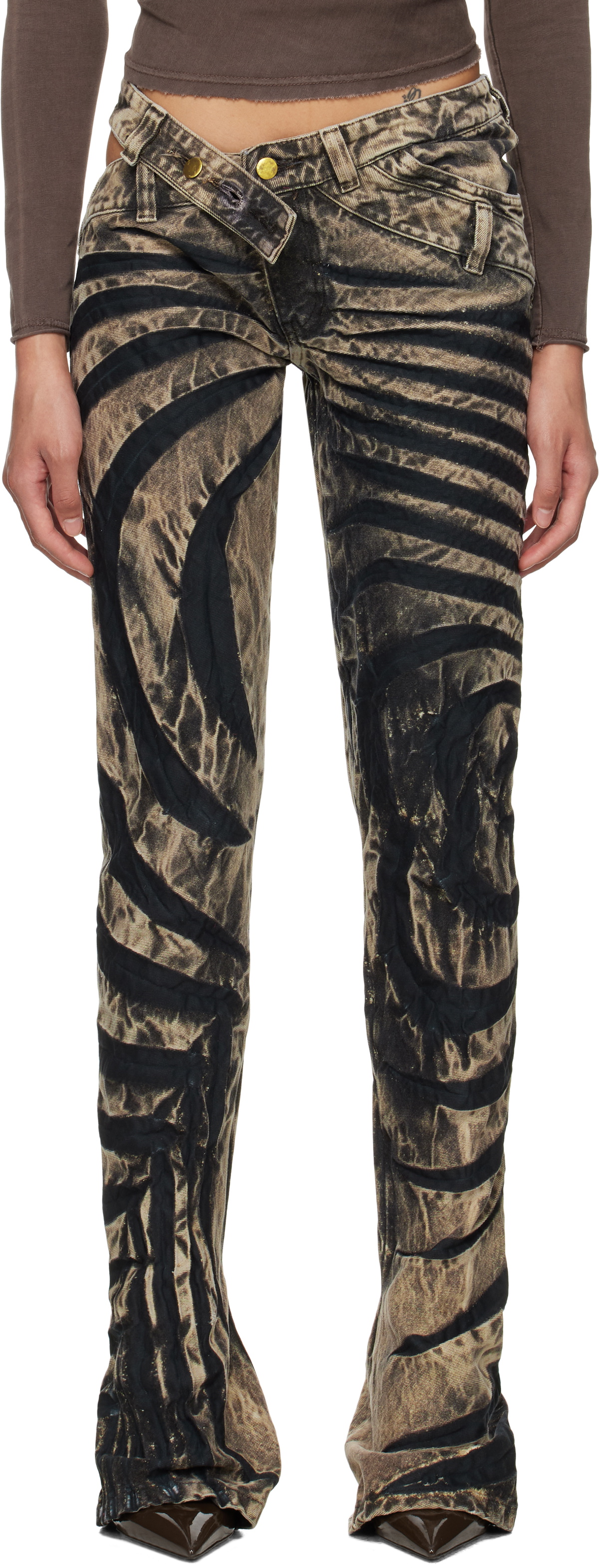 Masha Popova Beige & Black Asymmetric Ripple Skinny Jeans