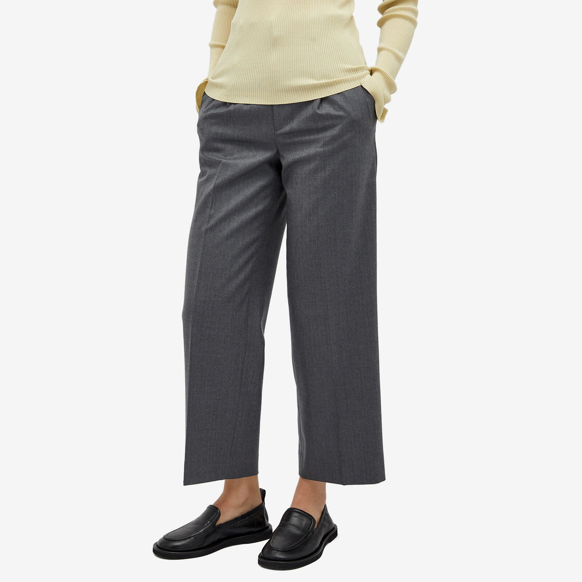 Auralee Women's Wool Flannel Stripe Slacks in Top Gray Auralee