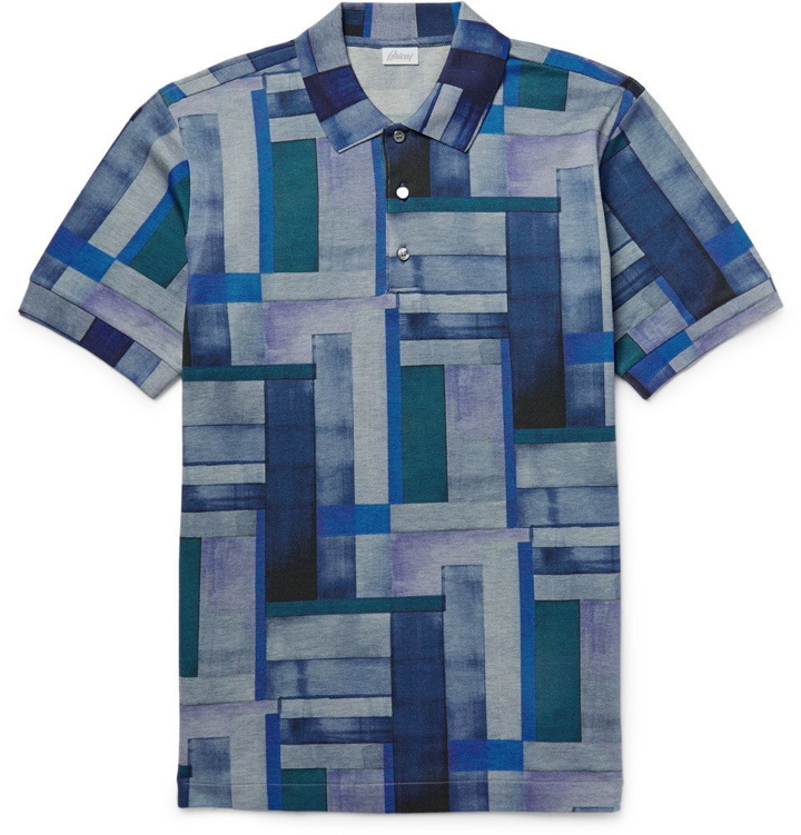 Photo: Brioni - Patchwork-Effect Cotton-Piqué Polo Shirt - Men - Blue