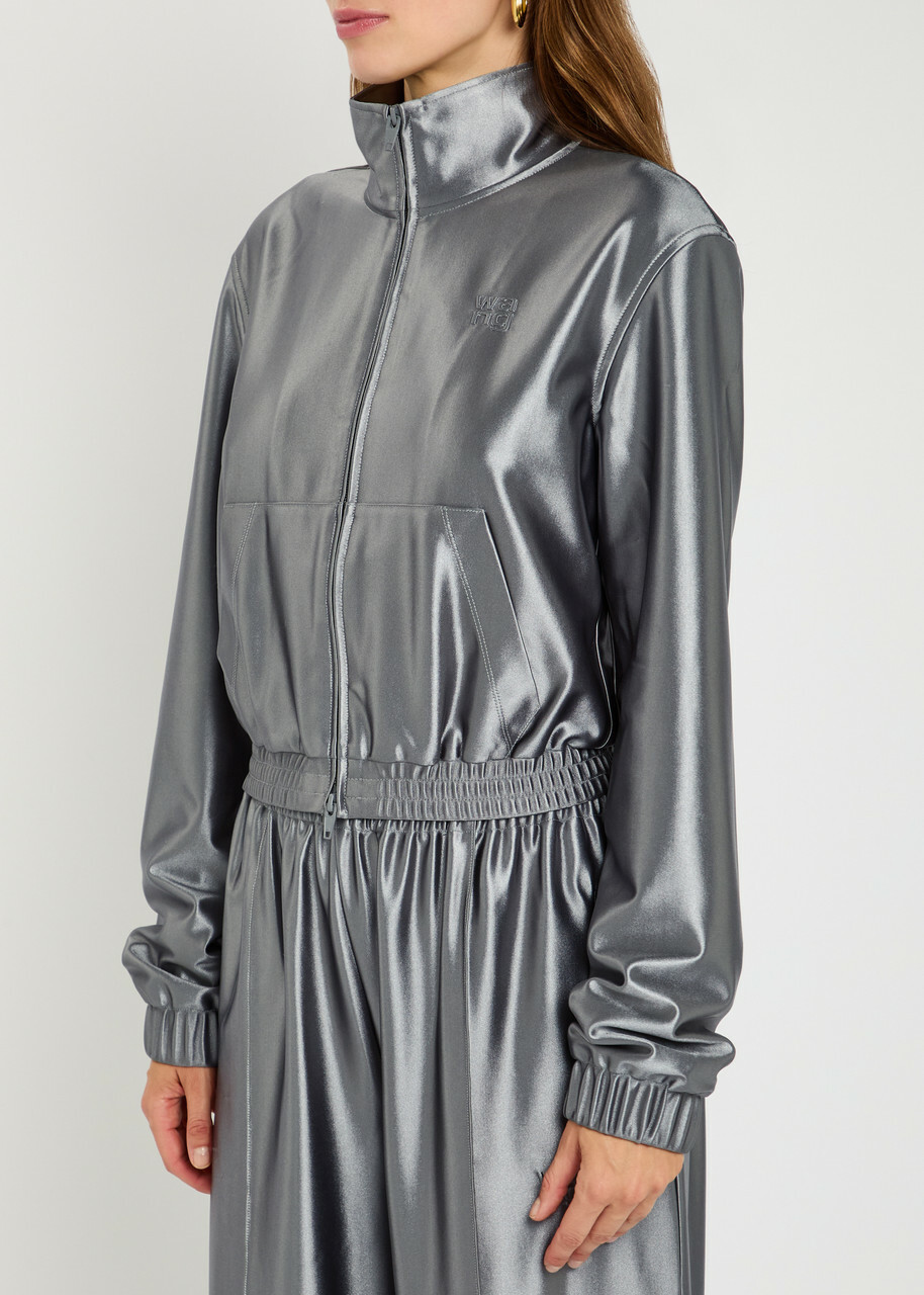 Alexanderwang.t Shrunken Logo-embossed Satin Track Jacket Silver
