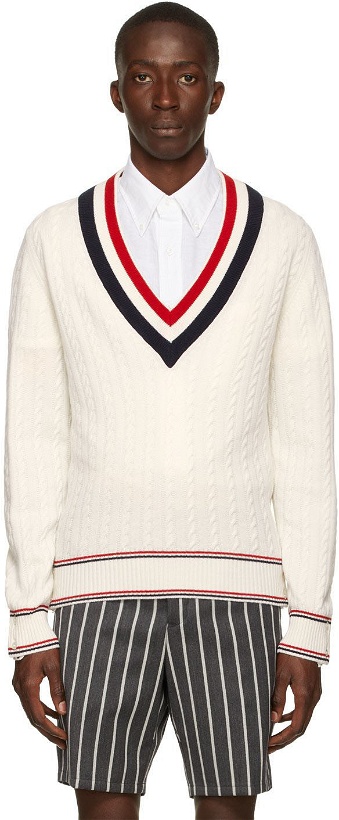 Photo: Thom Browne White Heritage Cable V-Neck Sweater