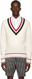 Thom Browne White Heritage Cable V-Neck Sweater