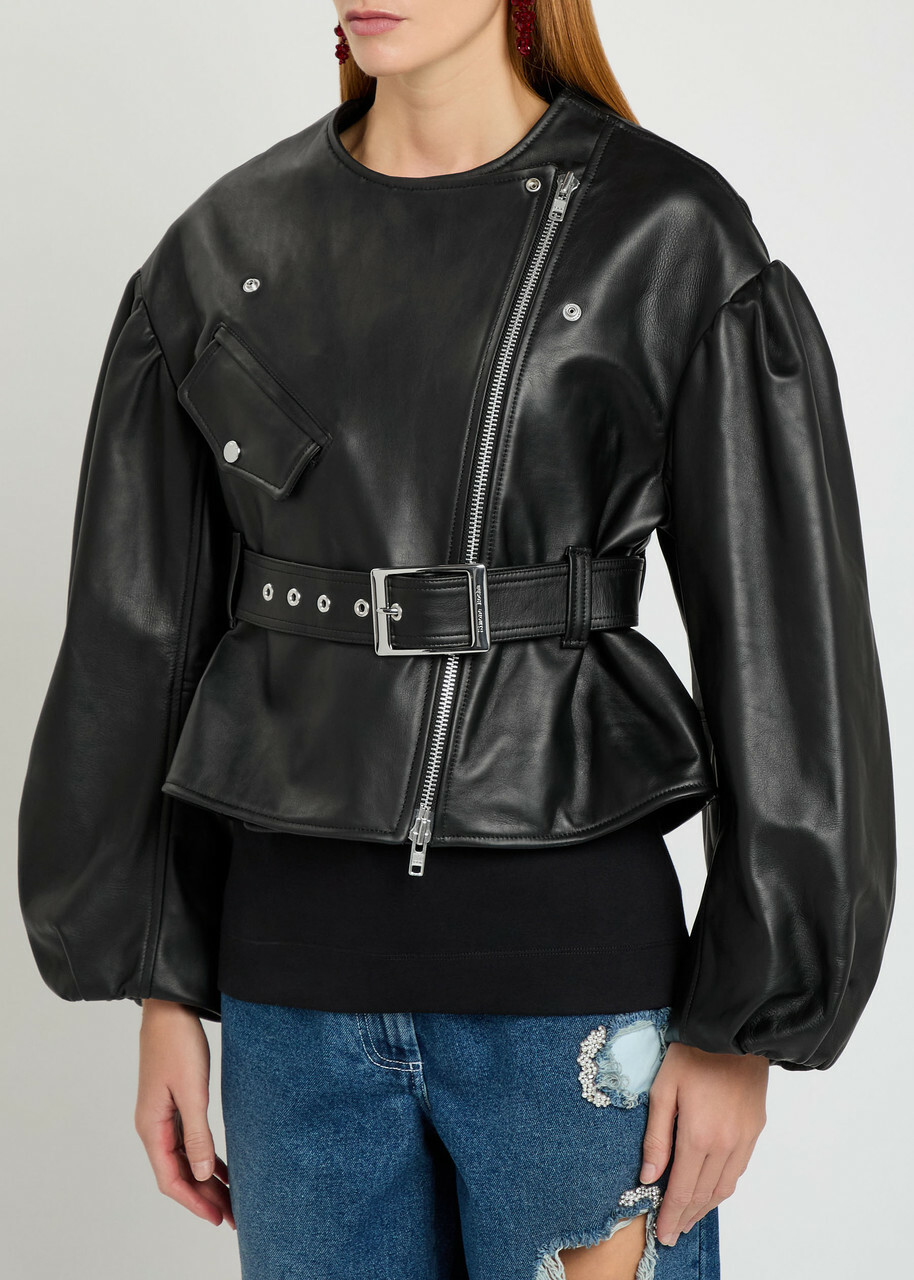 Simone Rocha Belted Leather Biker Jacket Black