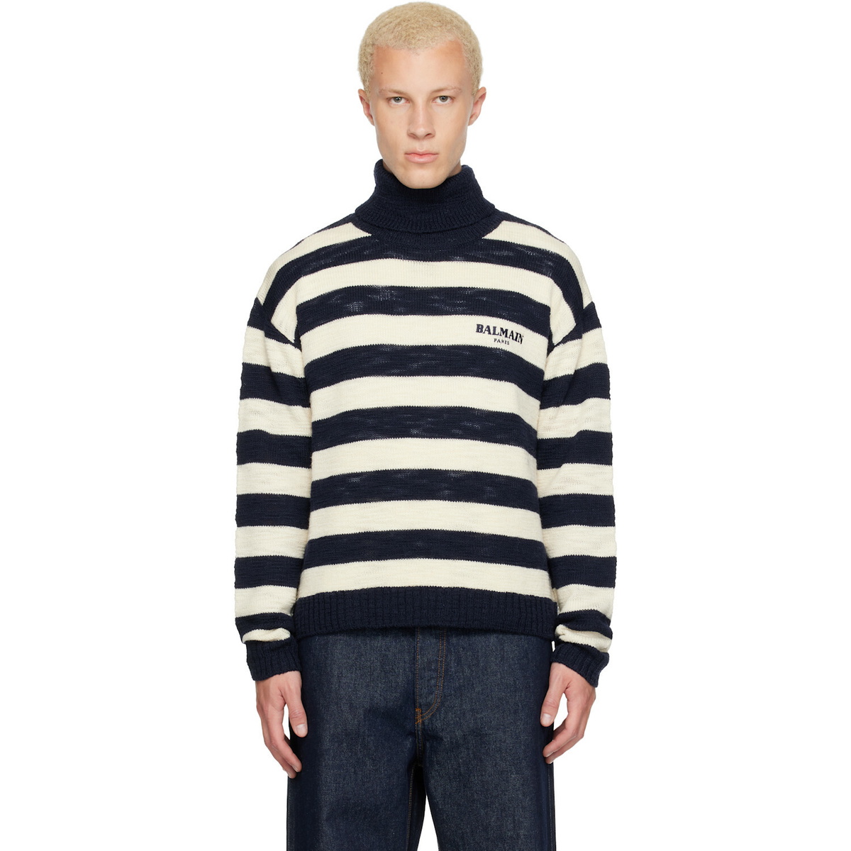 BALMAIN Navy & Off-White Mariniere Vintage Wool Turtleneck