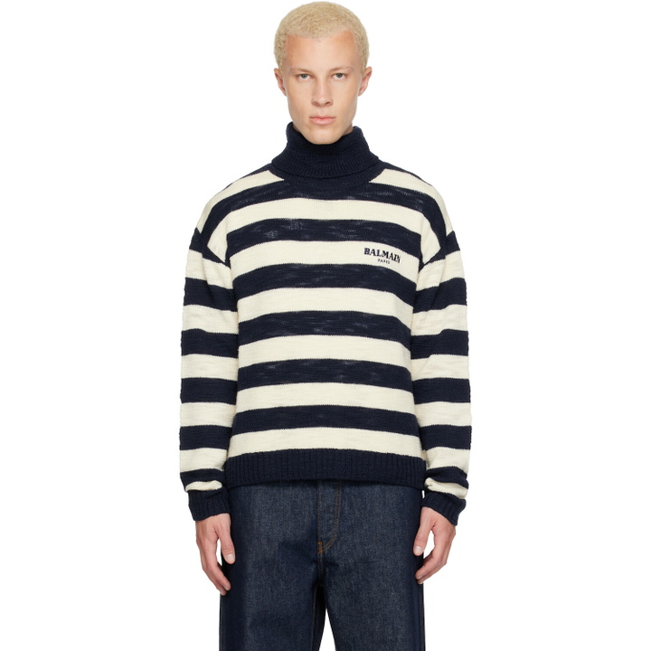 Photo: BALMAIN Navy & Off-White Mariniere Vintage Wool Turtleneck