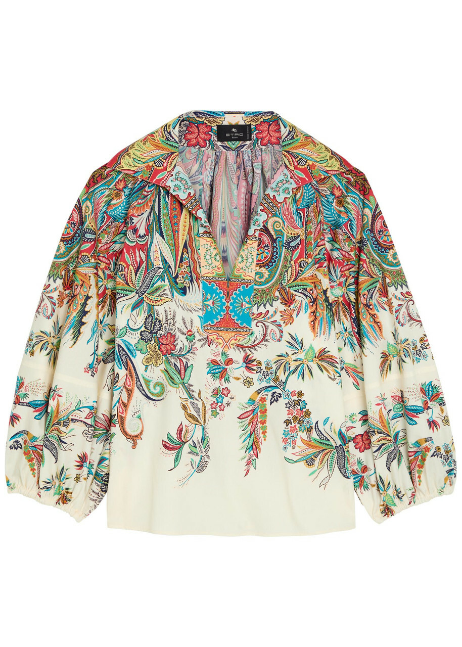 Etro Printed Balloon-sleeve Cotton-poplin top Multicoloured
