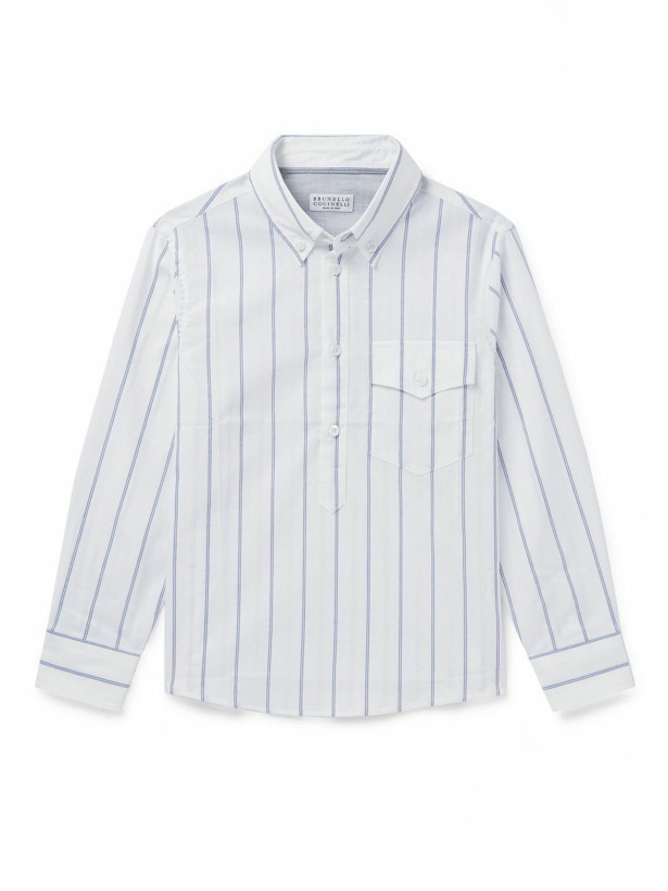 Photo: Brunello Cucinelli Kids - Ages 8-11 Button-Down Collar Striped Cotton Half-Placket Shirt - Blue - 10