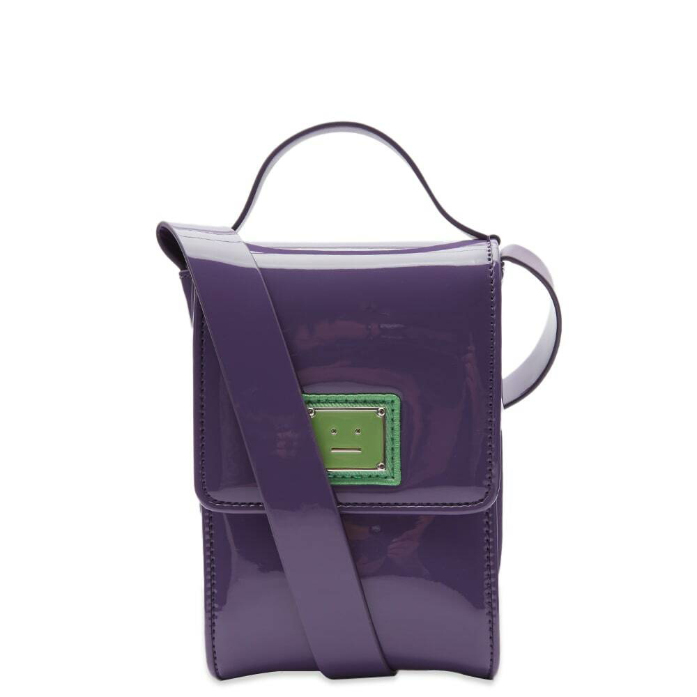 Photo: Acne Studios Akki Patent Plaque Face Bag in Purple/Green