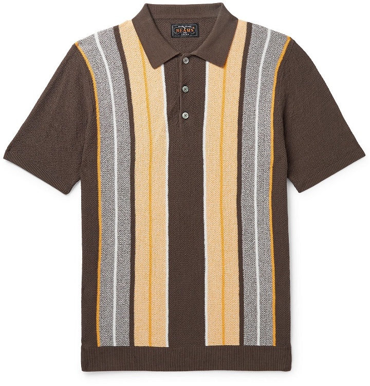 Photo: Beams Plus - Slim-Fit Striped Knitted Cotton Polo Shirt - Brown