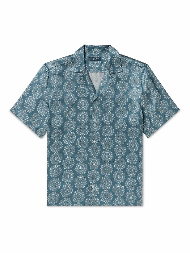 Photo: Frescobol Carioca - Roberto Camp-Collar Printed Silk Shirt - Blue