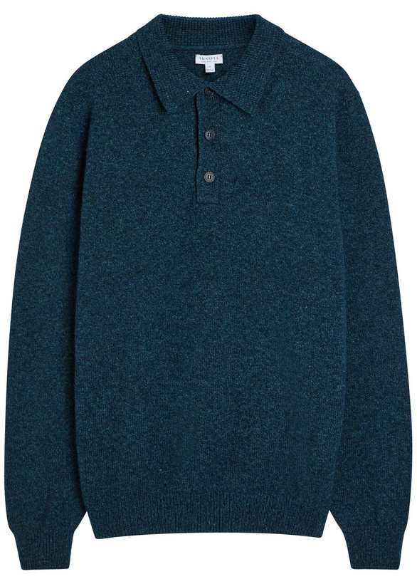 Photo: Sunspel Melangé Wool Polo Jumper Navy