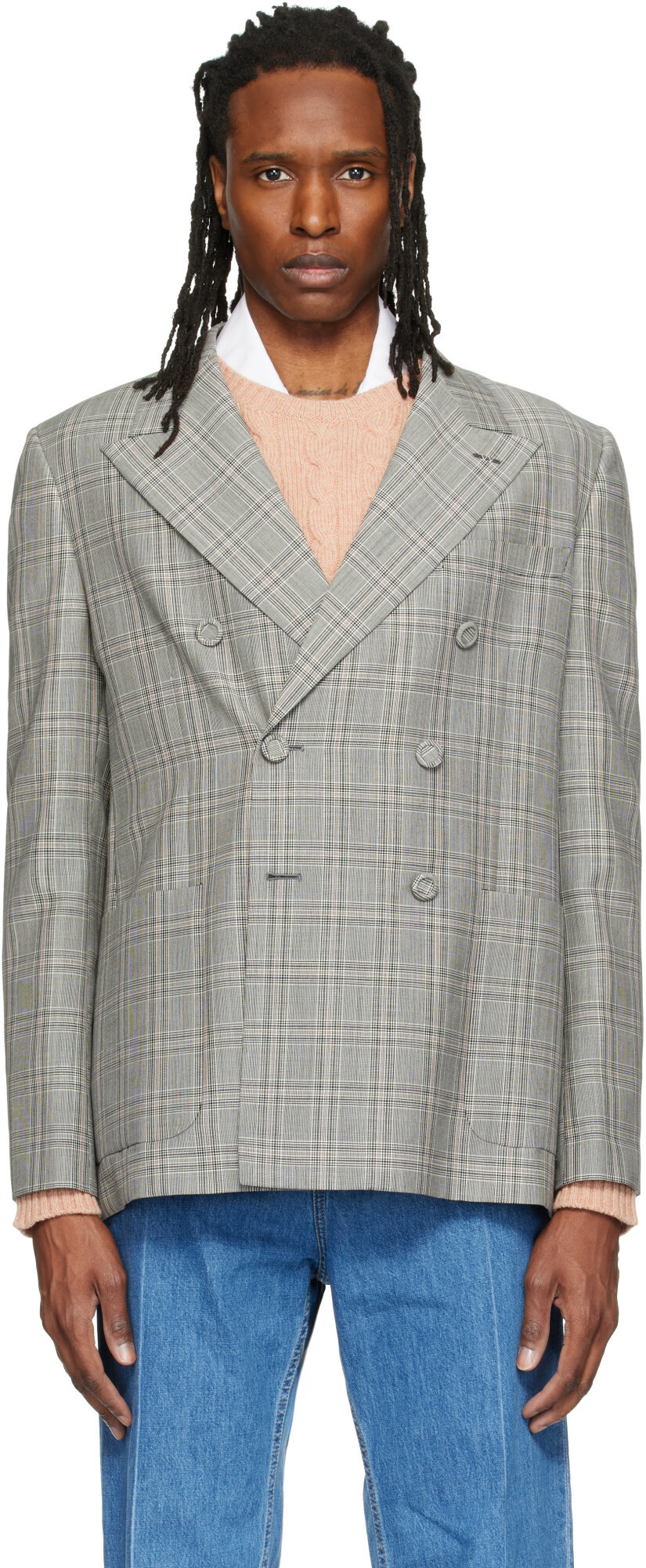 Valentino Gray Double-Breasted Mohair Wool Check Blazer