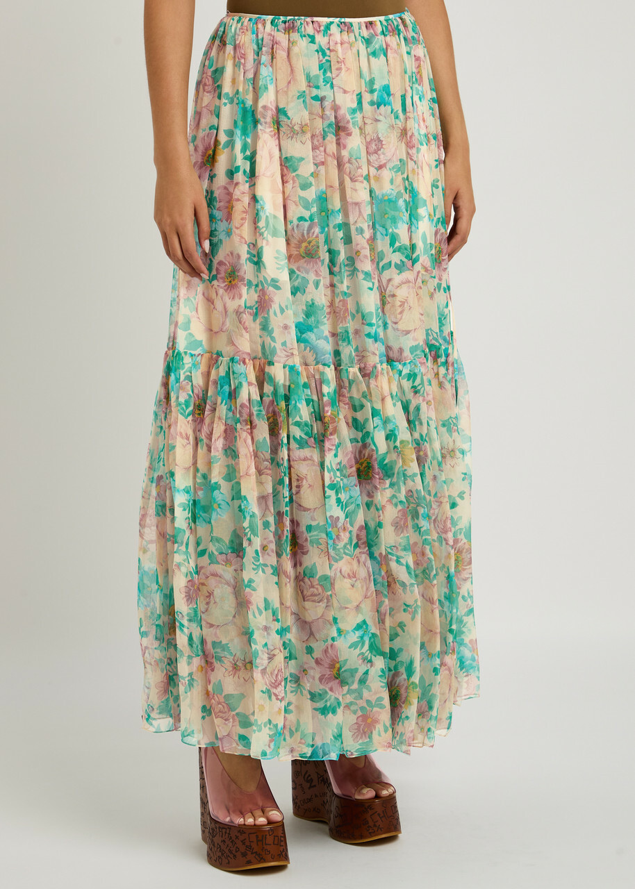 Silk Chiffon Lazer Cut Crystal Detailed Maxi Skirt