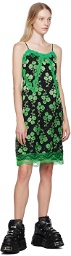 Anna Sui Black & Green Stitched Poppies Midi Dress