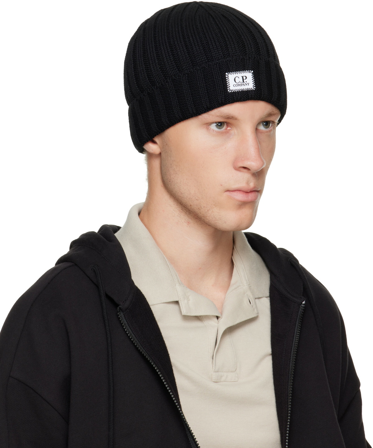 C.P. Company Black Extrafine Merino Wool Logo Beanie