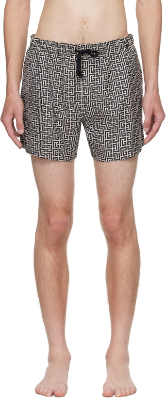 Photo: Balmain Beige & Black Monogram Swim Shorts