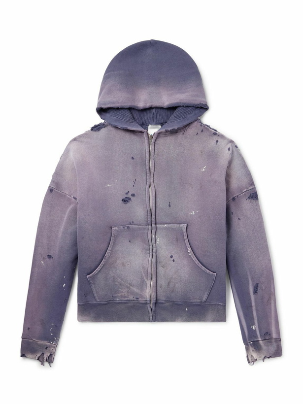 Photo: SAINT MXXXXXX - Oversized Distressed Cotton-Jersey Zip-Up Hoodie - Blue