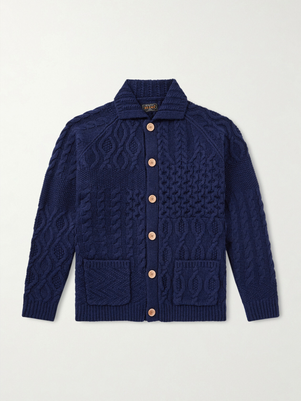 Beams Plus - Alan Patchwork Cable-Knit Wool Cardigan - Blue