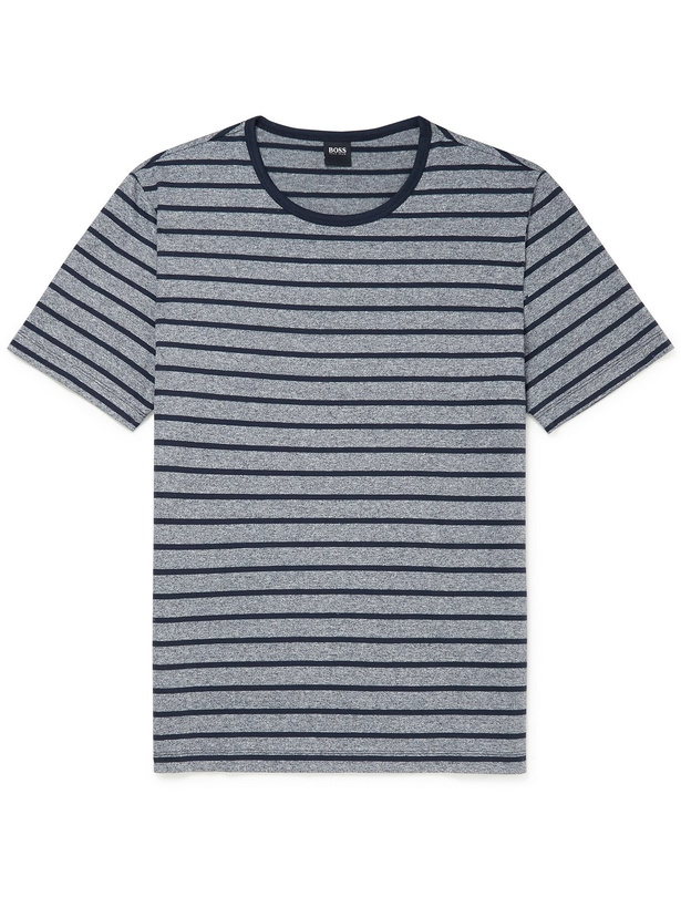 Photo: HUGO BOSS - Striped Mélange Cotton and Linen-Blend Jersey T-Shirt - Gray