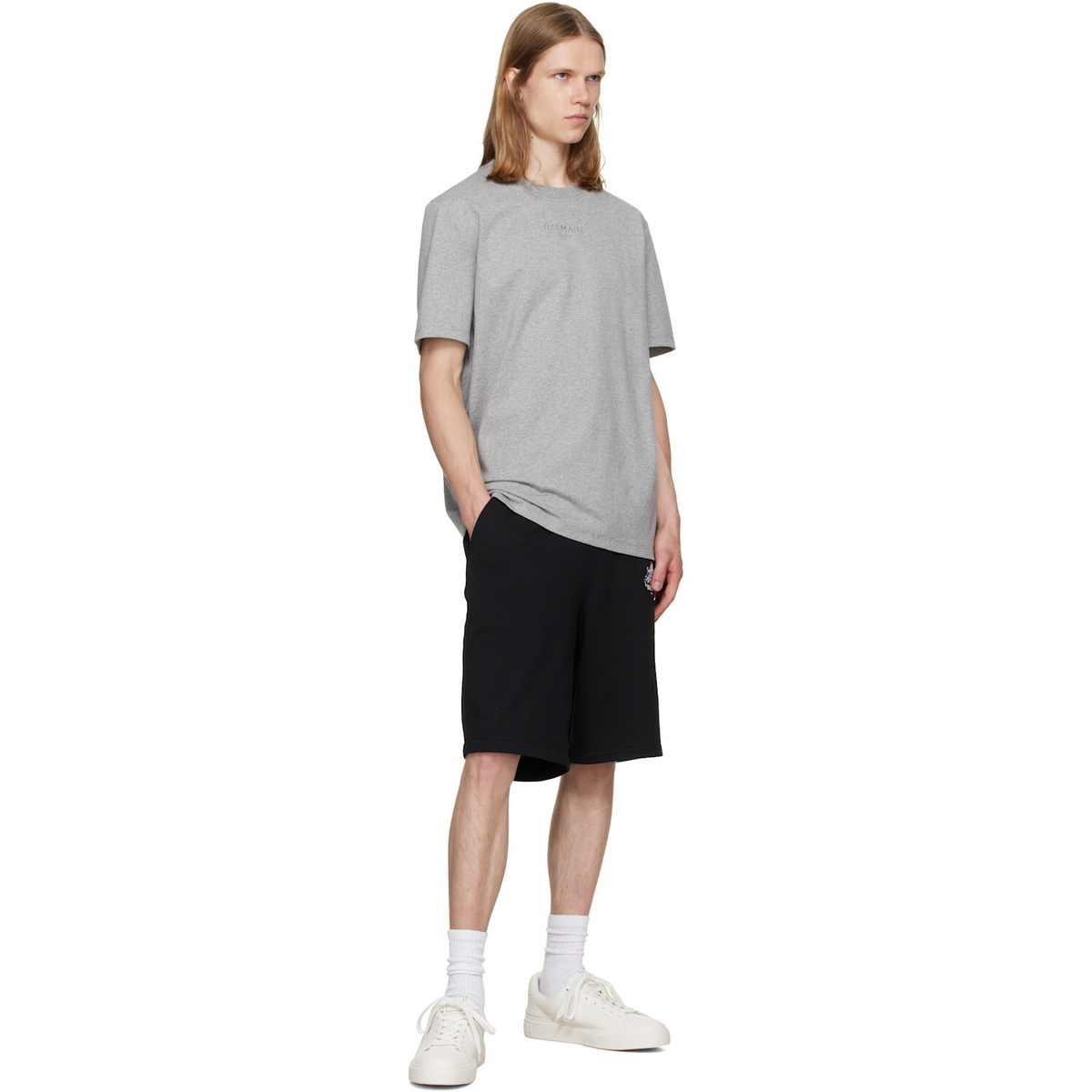 BALMAIN Gray Embroidered 'Balmain Paris' T-shirt