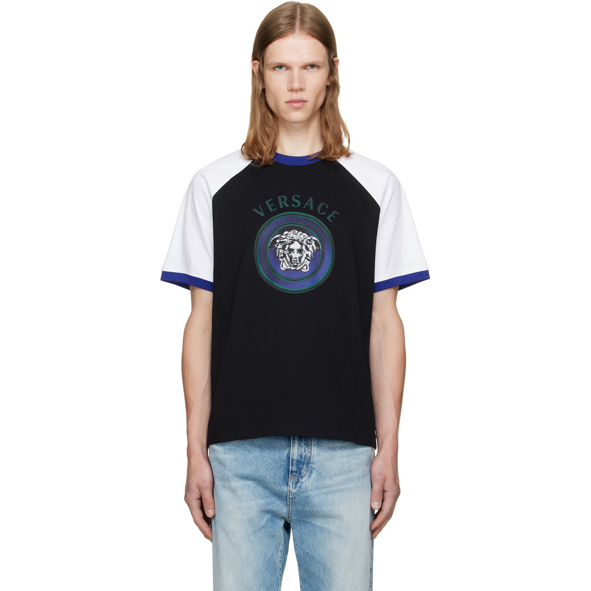 Versace Black & White Printed Cotton Jersey Regular T-shirt