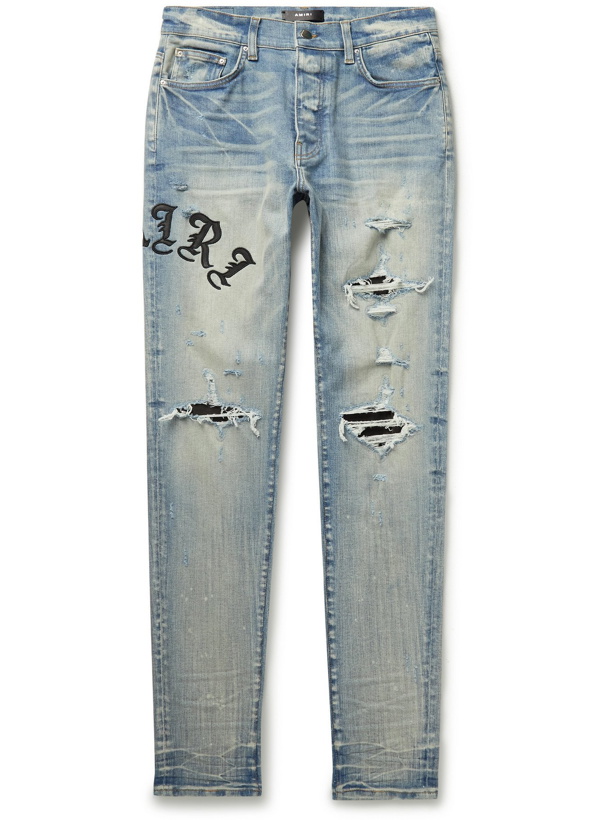 Photo: AMIRI - Old English Skinny-Fit Leather-Panelled Stretch-Denim Jeans - Blue - UK/US 30