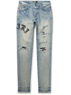 AMIRI - Old English Skinny-Fit Leather-Panelled Stretch-Denim Jeans - Blue - UK/US 30