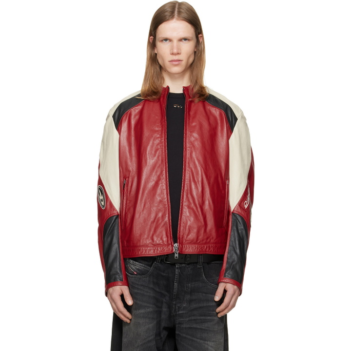 Photo: Diesel Red Colour-Block Perforated Leather Biker Jacket