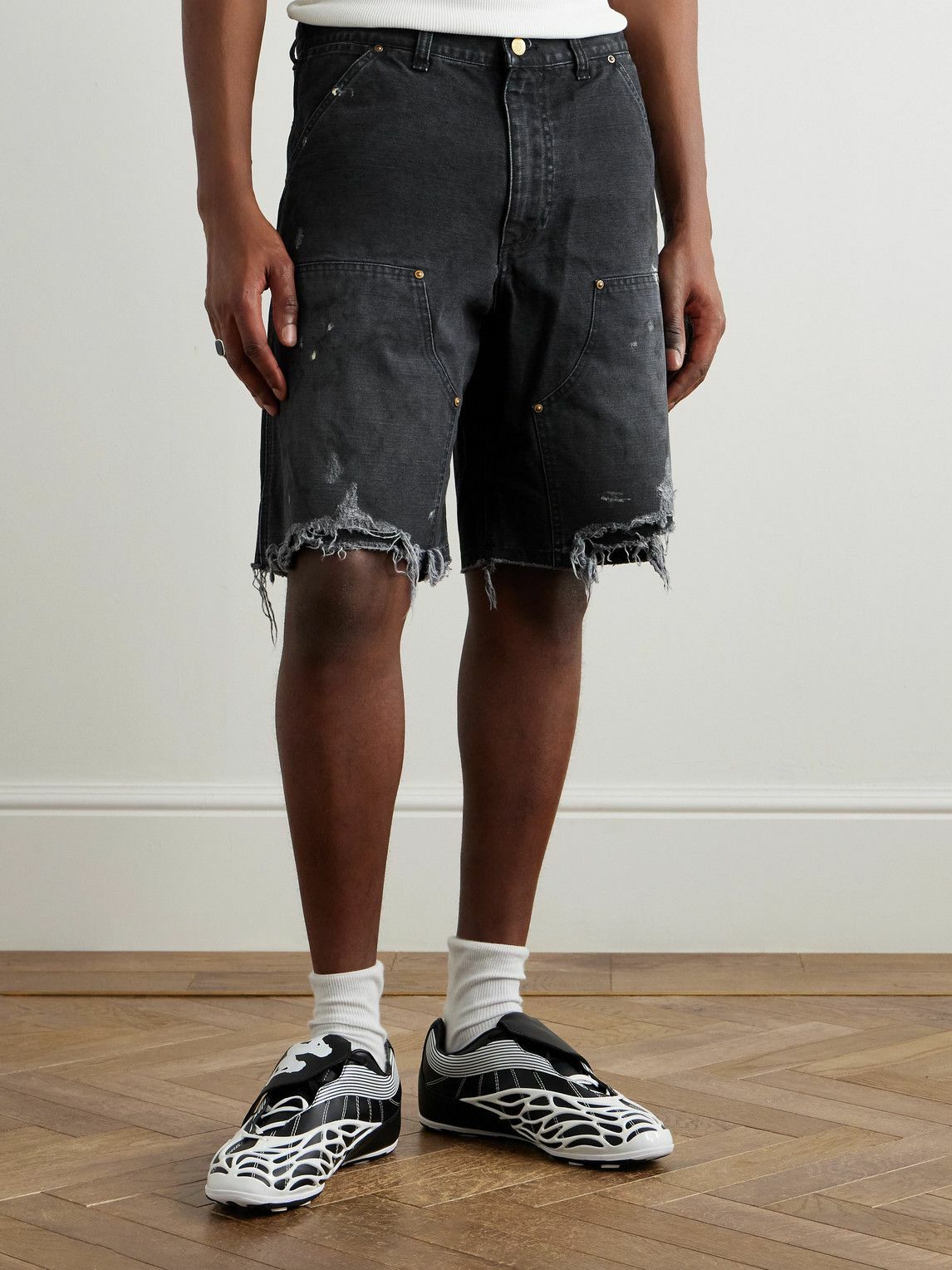SAINT MXXXXXX - Straight-Leg Distressed Cotton Shorts - Black